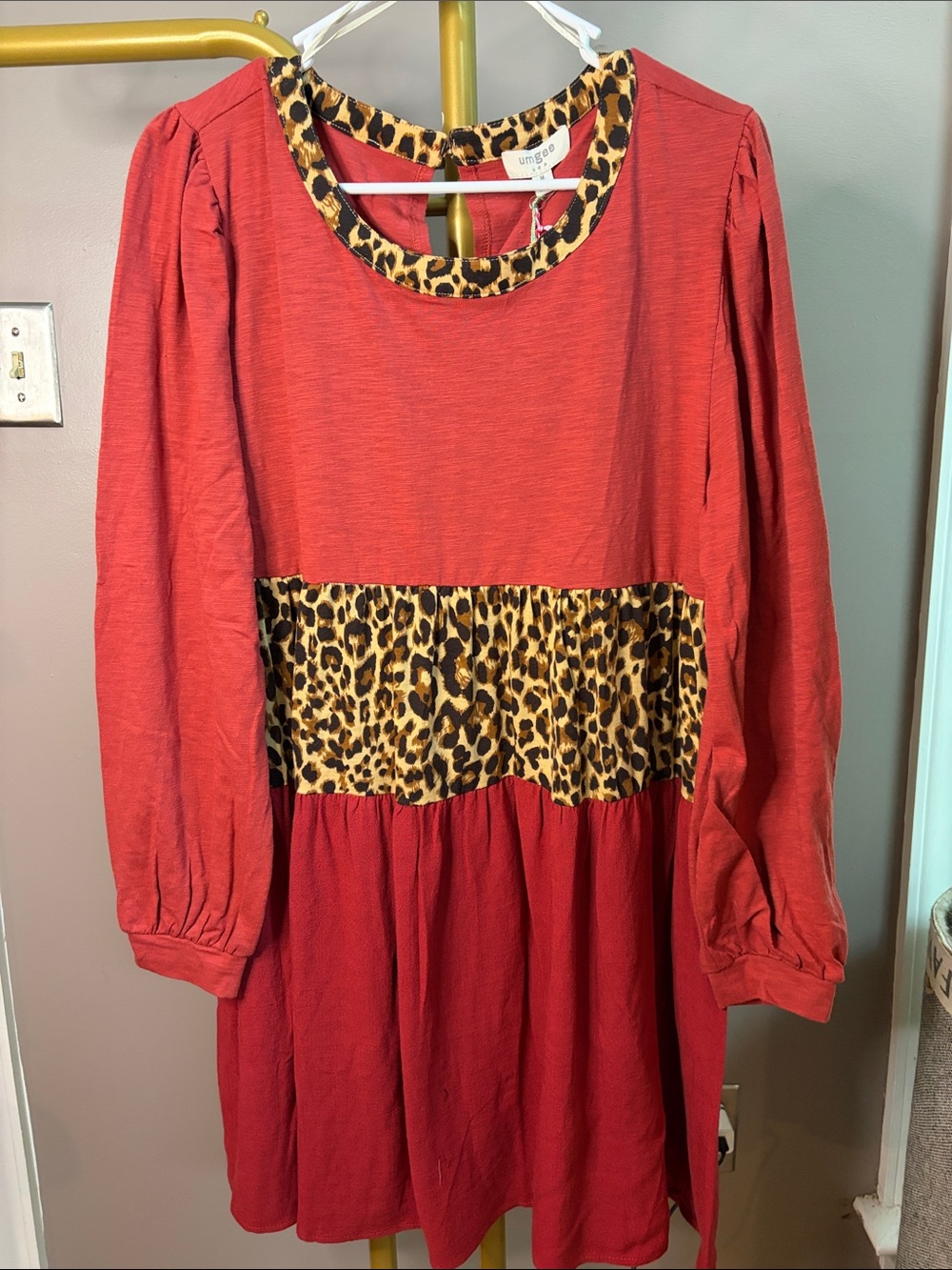 UMGEE - Brick / Red Colored Babydoll Dress with Leopard Print Trim - Size Medium